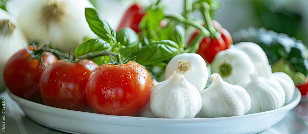 A white plate filled with a wide variety of fresh, ripe, and colorful vegetables, showcasing a mix of textures and flavors, making it a nutritious and visually appealing meal option. A white plate filled with a wide variety of fresh, ripe, and colorful vegetables, showcasing a mix of textures and flavors, making it a nutritious and visually appealing meal option.