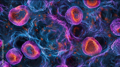 Cancer cells, a glimpse into the scientific field of pathology, oncology, medical research that uncovers the complexity of this challenging health condition, Generative Ai
 photo