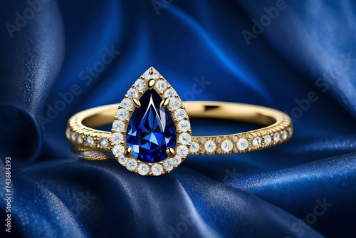 golden engagement ring on blue background