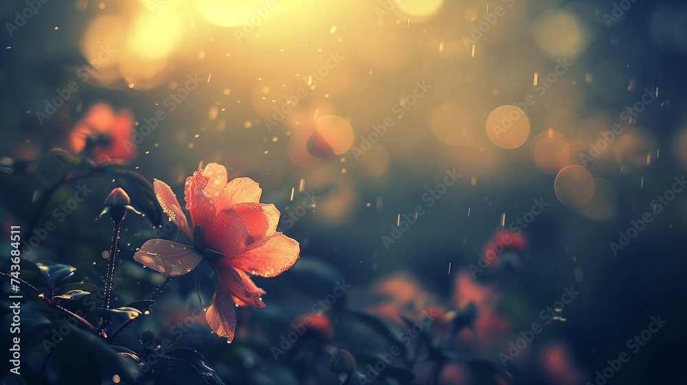 Sun-kissed petals, dew-kissed mornings, a solitary bloom against a misty backdrop, whispering the secrets of dawn. - obrazy, fototapety, plakaty 