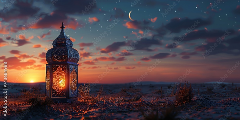 Enchanted lantern lighting up the desert night, tranquil evening atmosphere