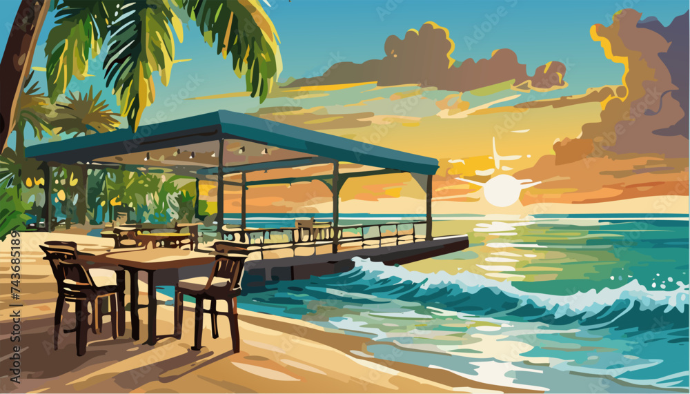 Restaurant on the beach at sunset. Ai generated
