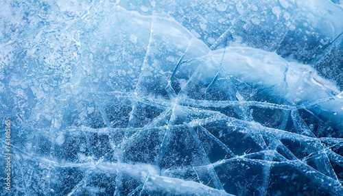 Blue cracked ice background. Frozen water, sea. Frosty winter texture. Macro shot.