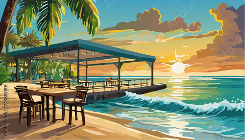 Restaurant on the beach at sunset. Ai generated