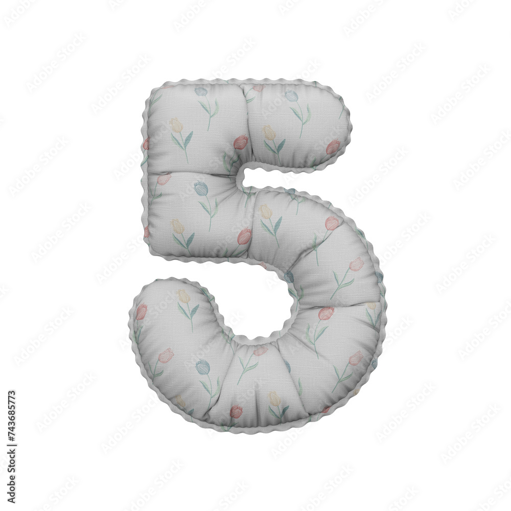 Fototapeta premium 3D Helium Balloon Number 5 with white cotton flower texture