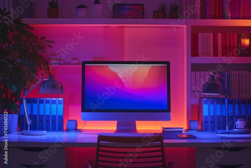 Dark room with computer screen lit up with purple and blue lights, desk and bookshelf