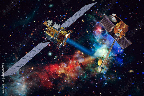 Spaceship in space. Science theme. The elements of this image furnished by NASA.