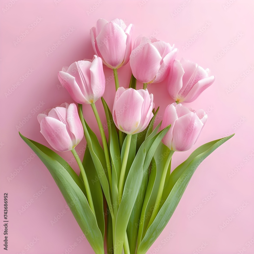 Bouquet of pink tulips on pink background flat lay top view Bouquet of pink tulips on pink background flat lay top view