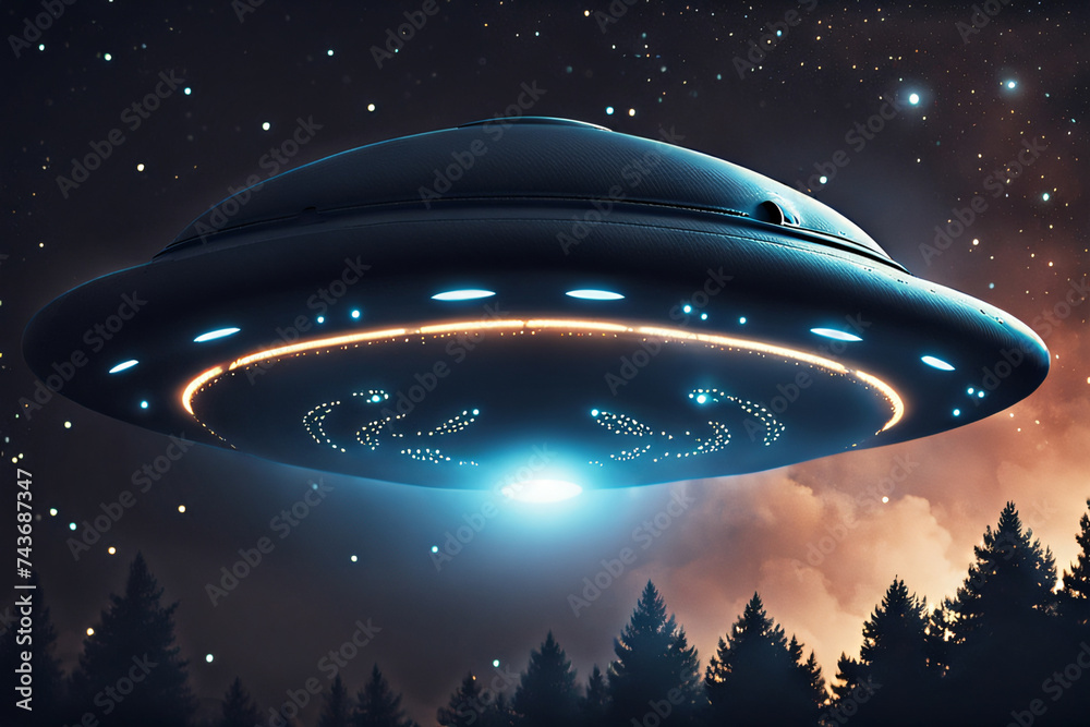 UFO in der Nacht über einem Wald UFO in der Nacht über einem Wald