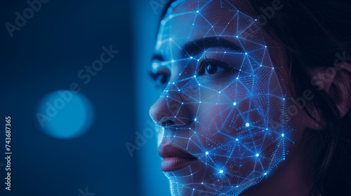 Woman's face with futuristic facial recognition technology mapping, concept of biometric verification and cyber security