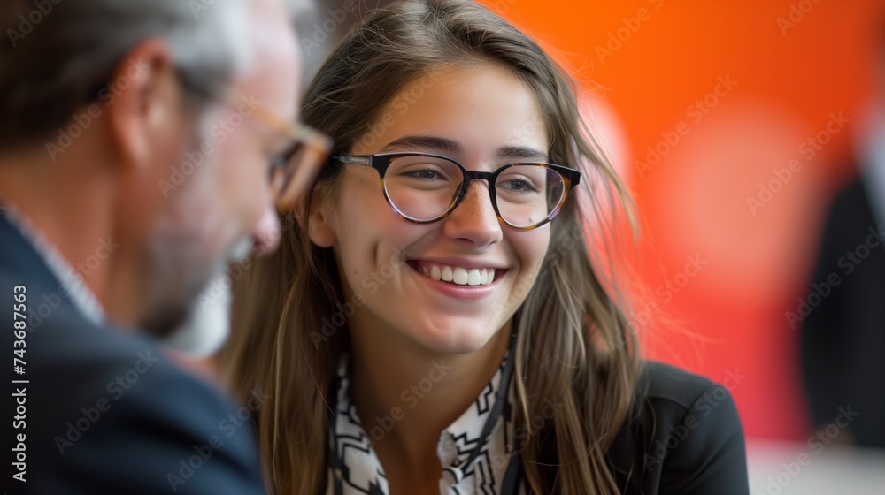 Smiling young professional woman engaging in a cheerful conversation with a colleague in a corporate environment, reflecting positive workplace dynamics Smiling young professional woman engaging in a cheerful conversation with a colleague in a corporate environment, reflecting positive workplace dynamics