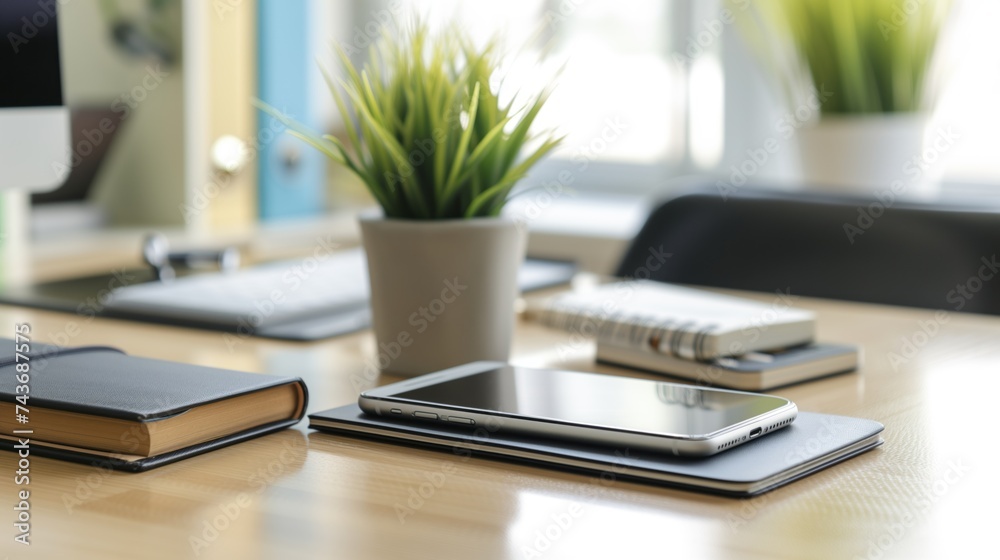 Organized office desk with digital tablet, notebooks and a green plant, illustrating a productive and serene workspace Organized office desk with digital tablet, notebooks and a green plant, illustrating a productive and serene workspace