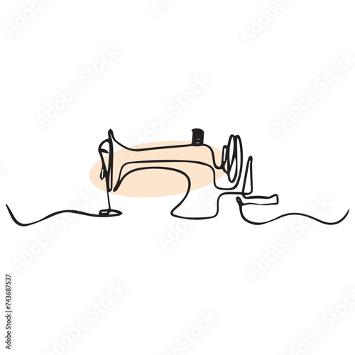 Sewing machine in continuous line art drawing style. Abstract old style sewing-machine for atelier or tailor sign design. Minimalist black linear sketch on white background. Vector illustration