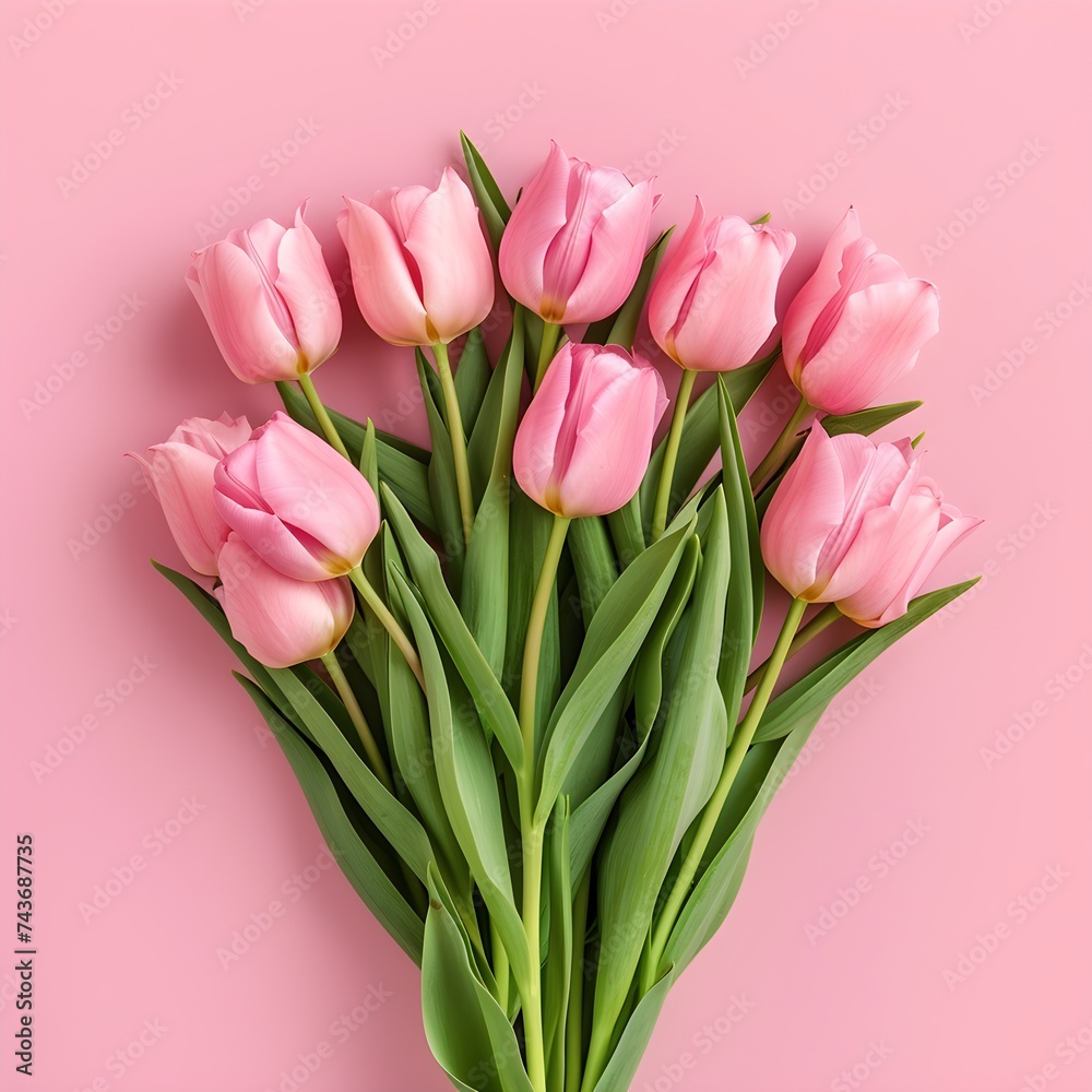 Bouquet of pink tulips on pink background flat lay top view Bouquet of pink tulips on pink background flat lay top view