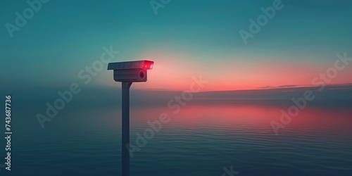 A solitary security camera oversees a pastel sunset sky in a serene surveillance scene