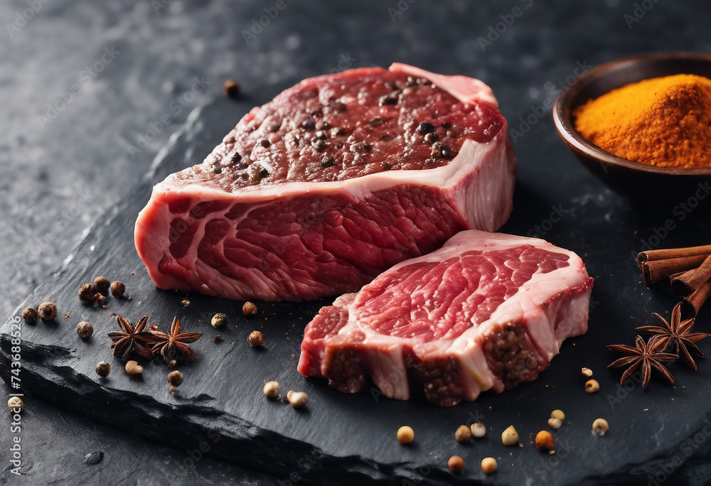 Fresh raw marbled beef rib eye steak and spices on black stone background copy space