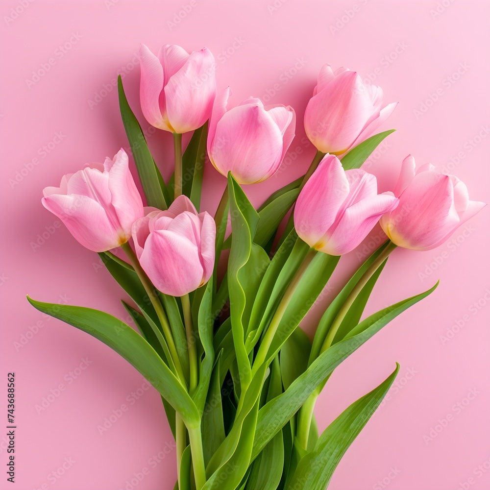 Bouquet of pink tulips on pink background flat lay top view Bouquet of pink tulips on pink background flat lay top view
