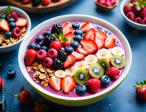 Colorful fruit smoothie bowl  decorated with different fresh berries and granola