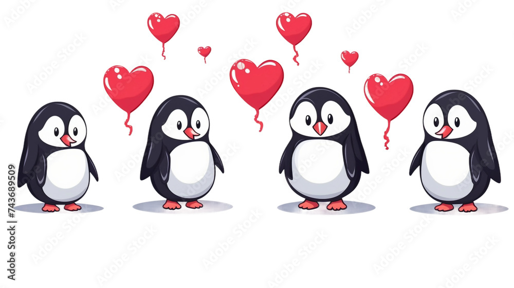 Fototapeta premium Celebrate Love and Joy with Cartoon Penguins Holding Red Hearts - Vector Illustration for Valentine's Day, Perfect for Greeting Cards and Romantic Holiday Decorations on a Transparent Background
