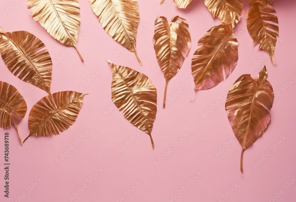 Painted Golden tropical leaves on pink pastel background Natural Creative layout Painted Golden tropical leaves on pink pastel background Natural Creative layout