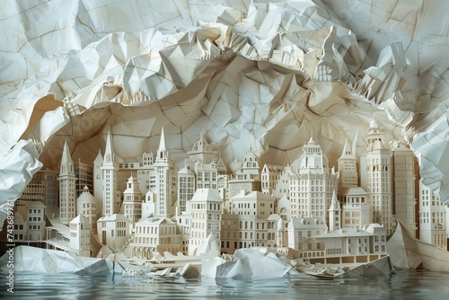 artistic representation of a city skyline, intricately carved out of white paper, set against a backdrop of crumpled paper that mimics the ruggedness of mountains