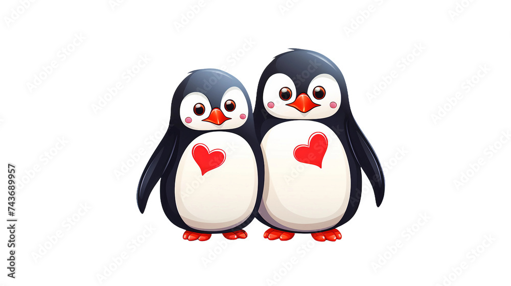 Fototapeta premium Celebrate Love and Joy with Cartoon Penguins Holding Red Hearts - Vector Illustration for Valentine's Day, Perfect for Greeting Cards and Romantic Holiday Decorations on a Transparent Background