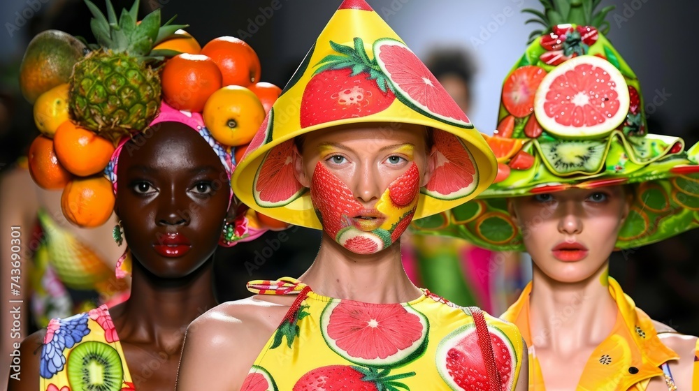Vibrant fruit-themed fashion with models wearing fruit-adorned hats and outfits on the runway, showcasing creative design.