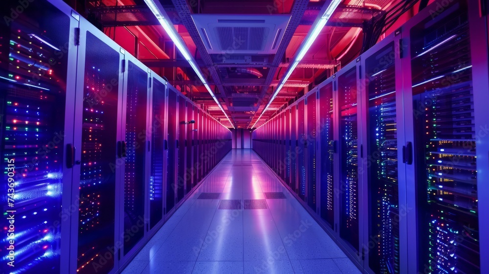 High-tech server room with vibrant LED lighting and rows of hardware for data processing and storage. High-tech server room with vibrant LED lighting and rows of hardware for data processing and storage.