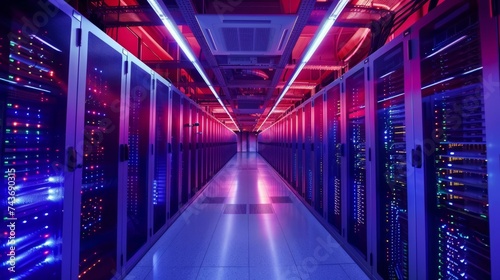 High-tech server room with vibrant LED lighting and rows of hardware for data processing and storage.