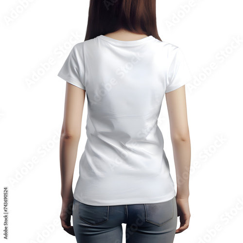 back view of woman in blank white t shirt on grey background