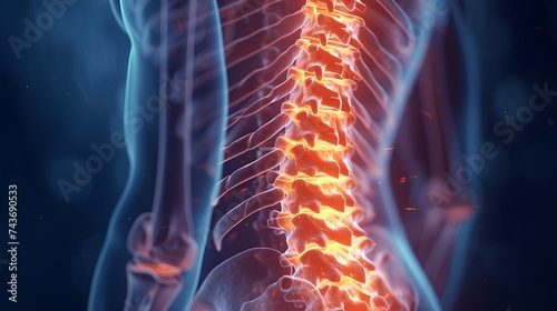 x ray of a human spine illustration, red light glowing out the spinal cord