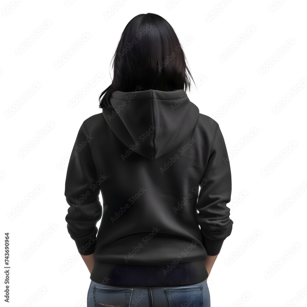 back view of woman in black hoodie on white background with clipping path