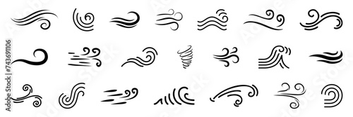 Fototapeta Naklejka Na Ścianę i Meble -  Blowing wind icon collection in black on a white background. Set of wind blow line icon. Black related to wind and waves