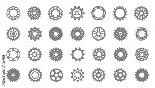 Bike sprocket or gear icons. Bicycle cogwheel signs. Set of profiled wheel with teeth that engages with a chain