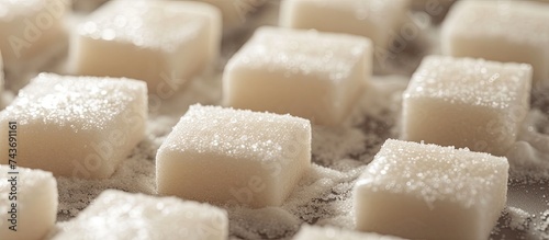 A detailed view of confectionery sugar cubes placed neatly on a tray, commonly enjoyed during coffee breaks or leisure time.