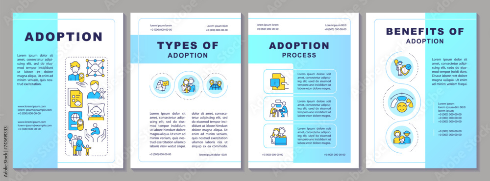 Adoption blue gradient brochure template. Legal process. Leaflet design with linear icons. Editable 4 vector layouts for presentation, annual reports. Arial-Black, Myriad Pro-Regular fonts used