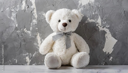 Close-up of beautiful teddy bear sitting, children's plush toy. Gray background.