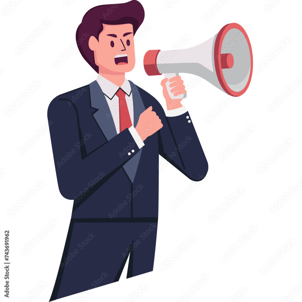 Young man holding megaphone and speaking advertising through speakers Young man holding megaphone and speaking advertising through speakers
