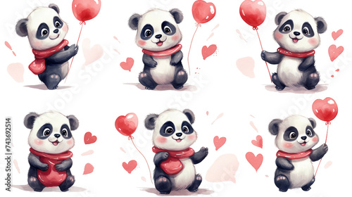 Captivating Vector Illustrations: Cute Panda Embraces Valentine's Day with Watercolor Style and Red Hearts on White Background - Microstock Collection for Maximum Sales