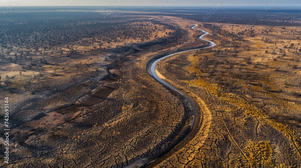 Aerial view of a winding river through a dry, cracked landscape at sunset.