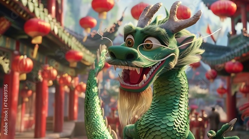 
In a joyous celebration of Happy Chinese New Year, a vibrant Green Dragon dances through festive streets, symbolizing prosperity, good luck, lively spirit of traditional Lunar New Year festivities. 