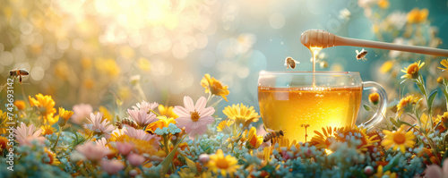 A serene setting of a glass teacup amidst a blooming flower field with honey dripping from a dipper, bathed in golden sunlight.