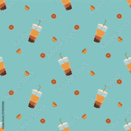 Vector pattern with colorful bubble tea and oranges on blue background. Print design for textile, fabric, wallpaper, wrapping, apparel.