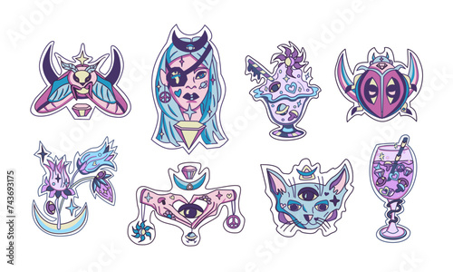 Sticker pack of funny cartoon characters and surreal elements. Vector illustration. Magic tarot cat, girl and flower. Big set of comic elements in trendy psychedelic weird cartoon style.