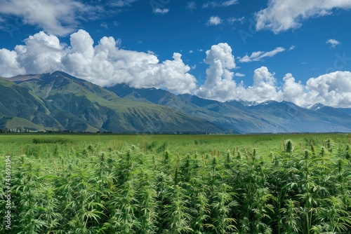 dense rows of cannabis hemp plants on a field with mountains and blue sky in background photo
