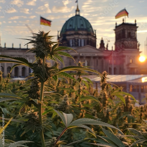 Field of cannabis plants in front of german Bundestag with flags symbolizing legalization of marihuana use in Germany photo