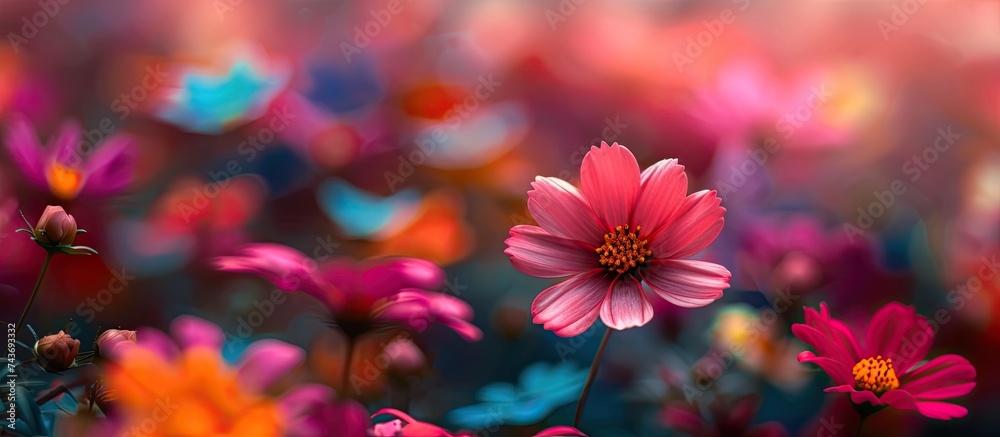 A field filled with small florets of blooming beauty creates a stunning sea of colorful flowers with a blurry background. A field filled with small florets of blooming beauty creates a stunning sea of colorful flowers with a blurry background.
