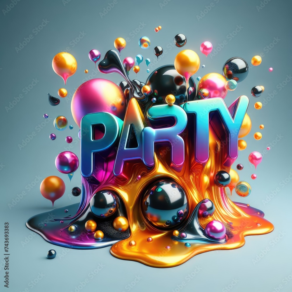 Fototapeta premium Party text design. Colorful 3D liquid text composition with soft shapes.