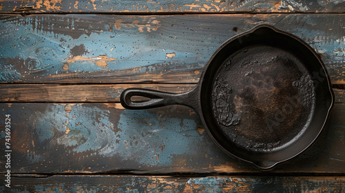 Cast Iron Skillet on Distressed Wooden Surface