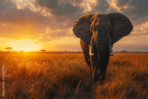 Majestic African elephant walking in the savannah against a vibrant sunset sky.